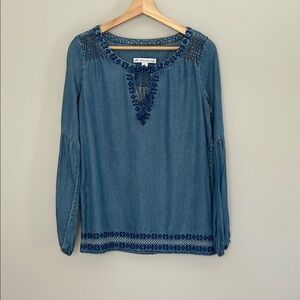 Southern Tide Denim Blue Blouse with Embroidery/Tassel Tie
